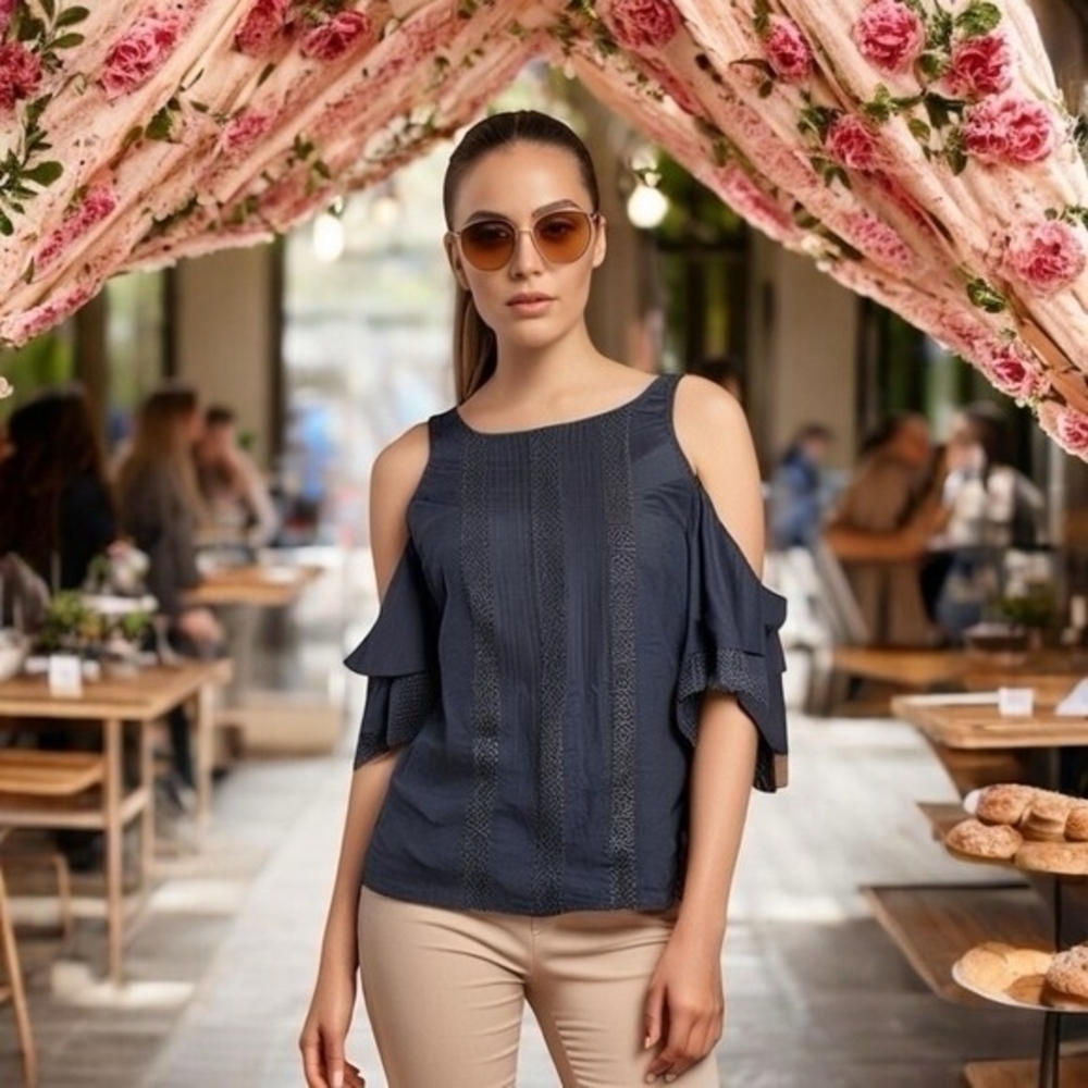 Ann Taylor Women Blouse Navy Blue Cold Shoulder Crochet Lace Ruched Tiered Sleev